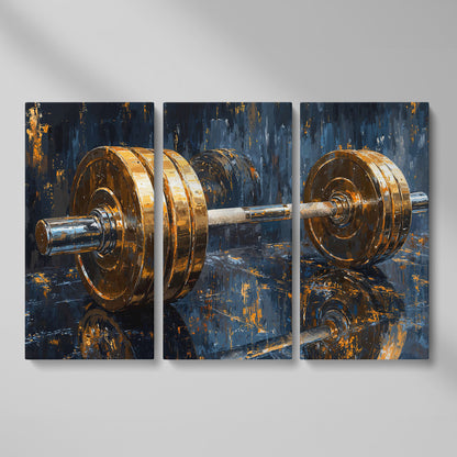 Barbell Abstract Canvas Print | Modern Gym Wall Art as 3-panel split version