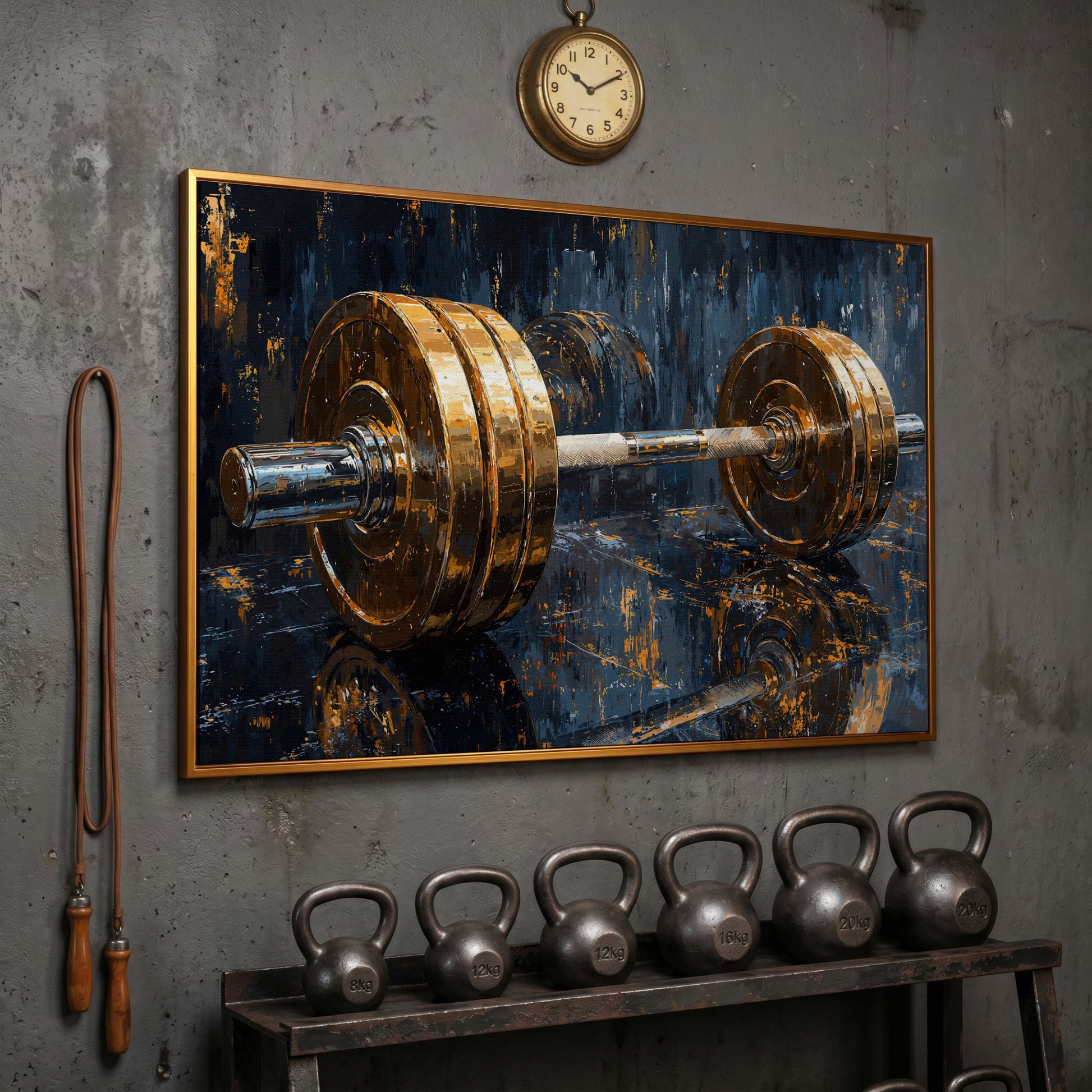 Barbell Abstract Canvas Print | Modern Gym Wall Art in antique gold floating frame