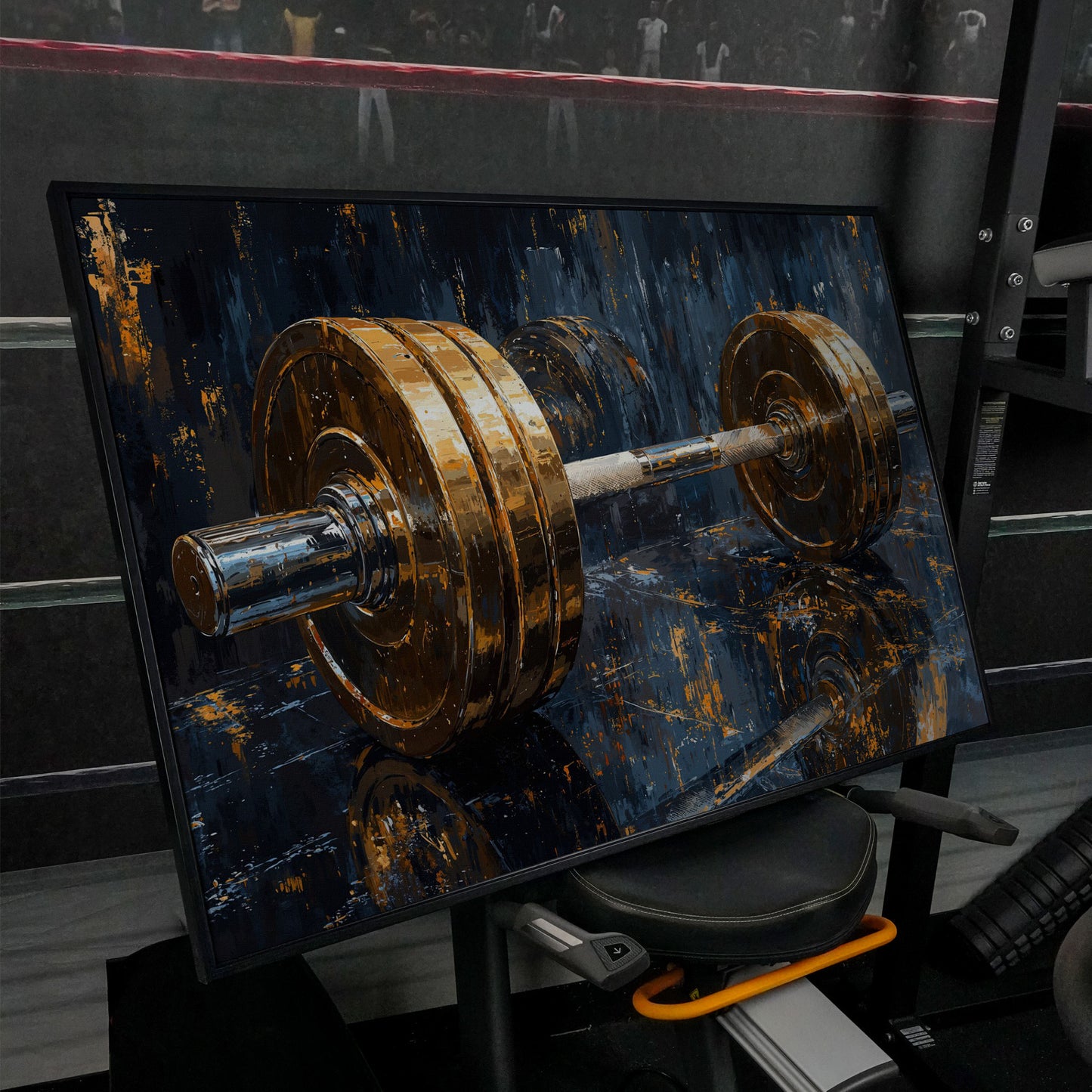 Barbell Abstract Canvas Print | Modern Gym Wall Art in black floating frame