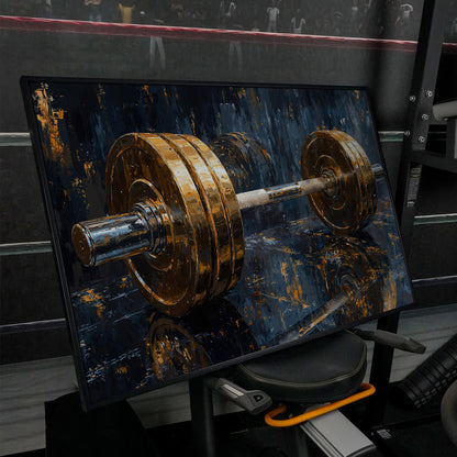 Barbell Abstract Canvas Print | Modern Gym Wall Art in black floating frame