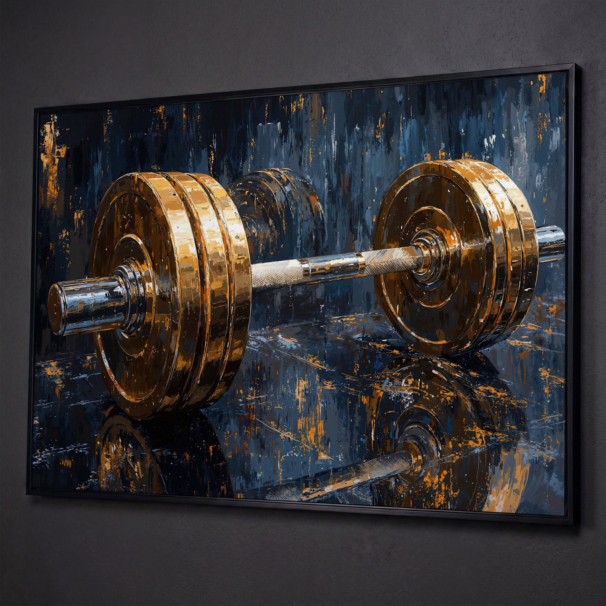 Barbell Abstract Canvas Print | Modern Gym Wall Art shown in black floating frame
