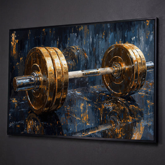 Barbell Abstract Canvas Print | Modern Gym Wall Art shown in black floating frame