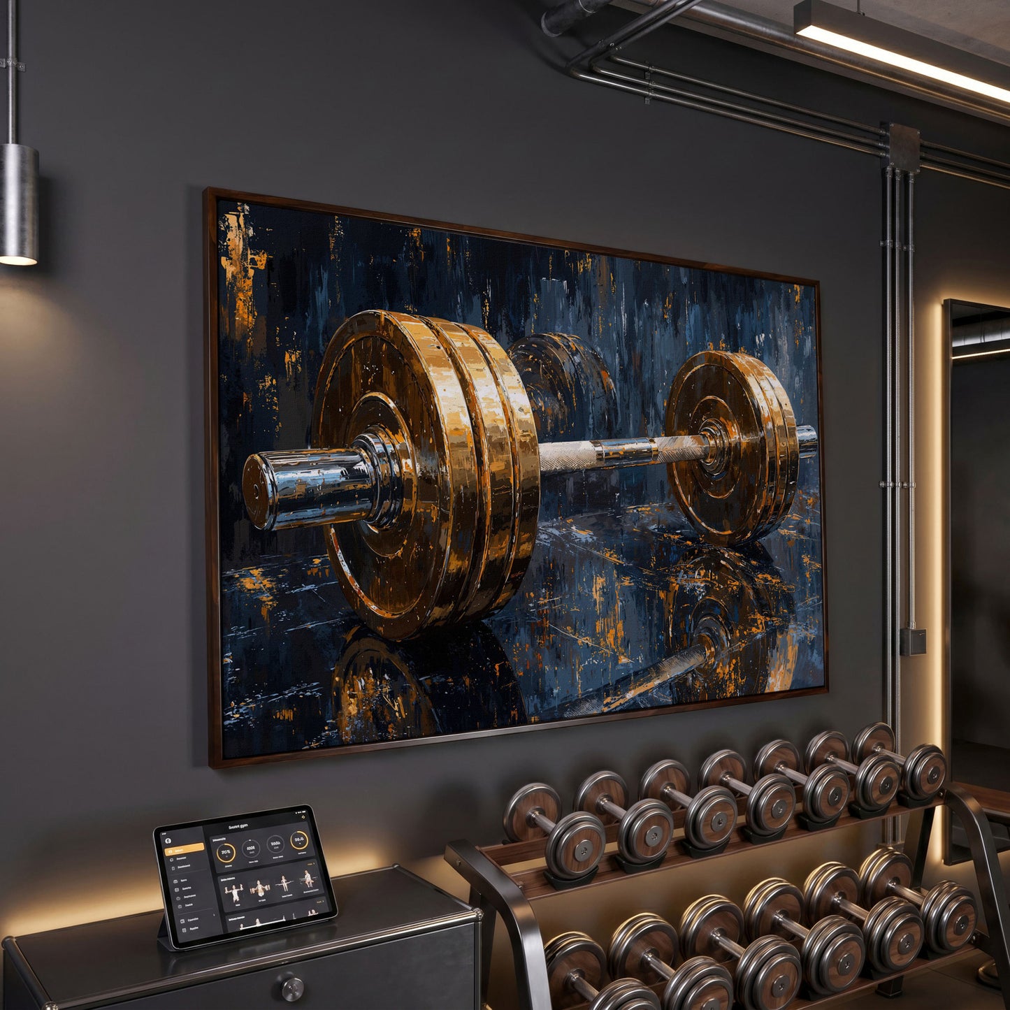 Barbell Abstract Canvas Print | Modern Gym Wall Art in dark walnut floating frame