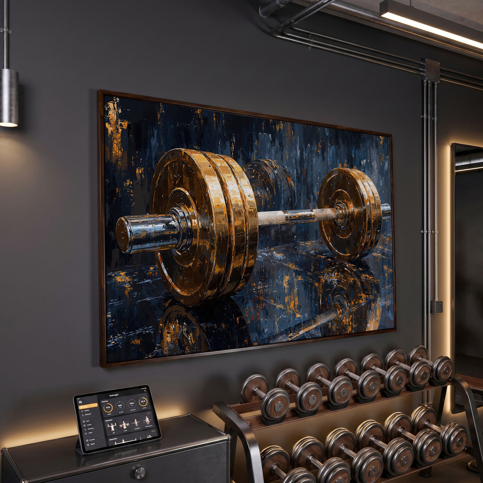 Barbell Abstract Canvas Print | Modern Gym Wall Art in dark walnut floating frame