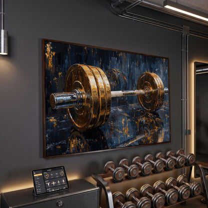 Barbell Abstract Canvas Print | Modern Gym Wall Art in dark walnut floating frame