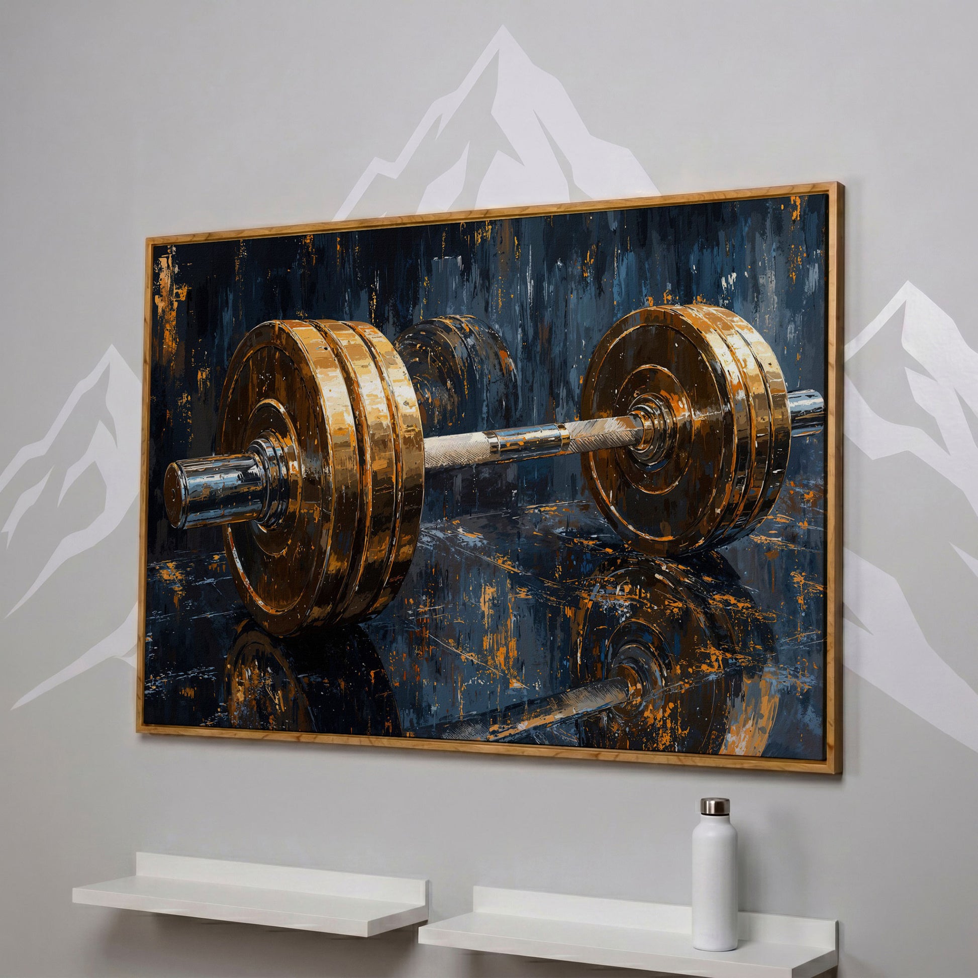 Barbell Abstract Canvas Print | Modern Gym Wall Art in white oak floating frame