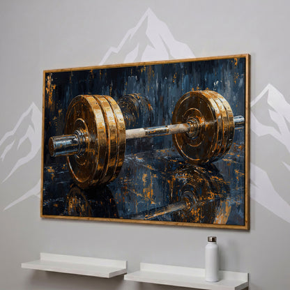 Barbell Abstract Canvas Print | Modern Gym Wall Art in white oak floating frame