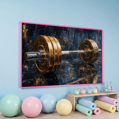 Barbell Abstract Canvas Print | Modern Gym Wall Art in pink floating frame