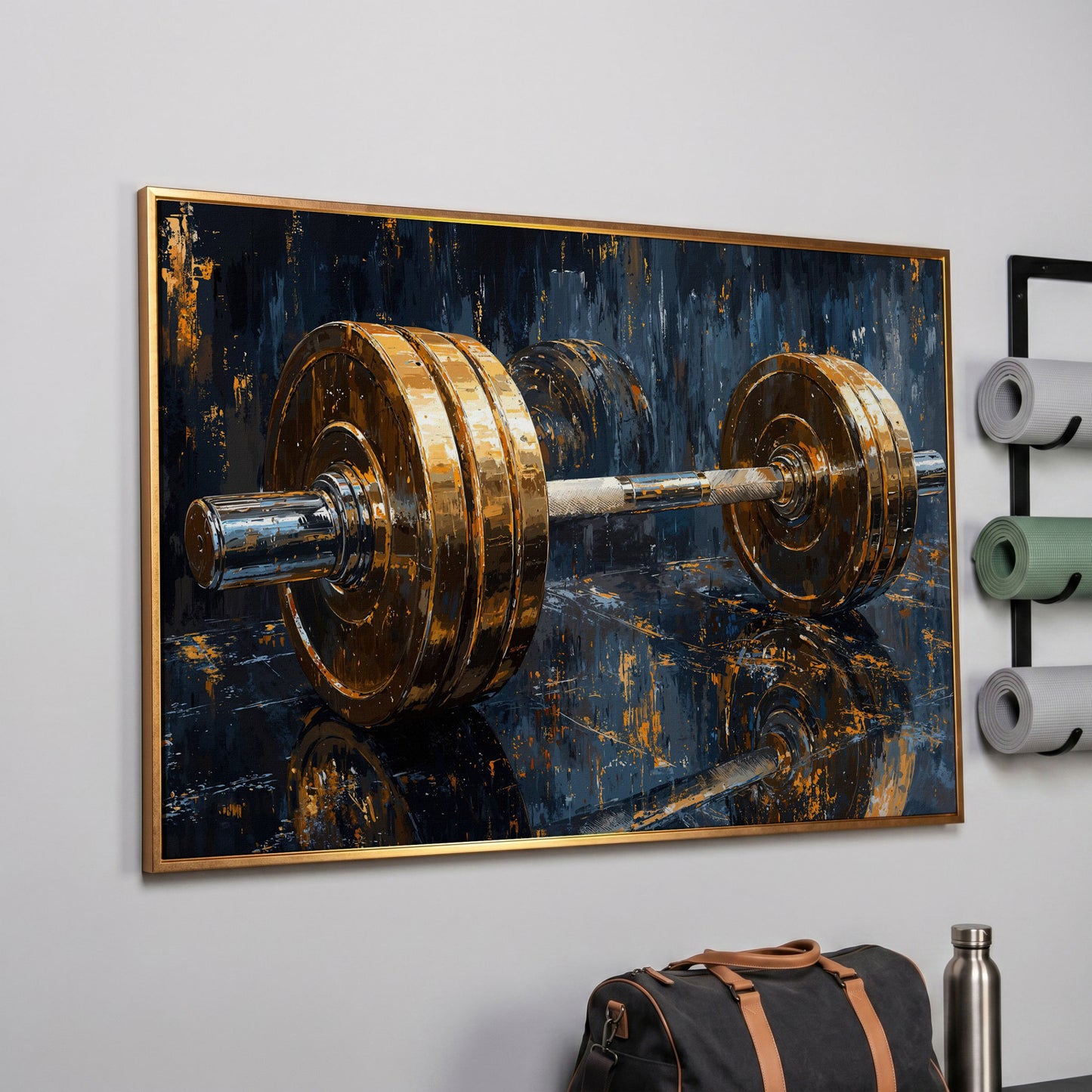 Barbell Abstract Canvas Print | Modern Gym Wall Art in rose gold floating frame