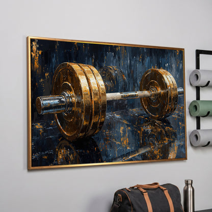 Barbell Abstract Canvas Print | Modern Gym Wall Art in rose gold floating frame