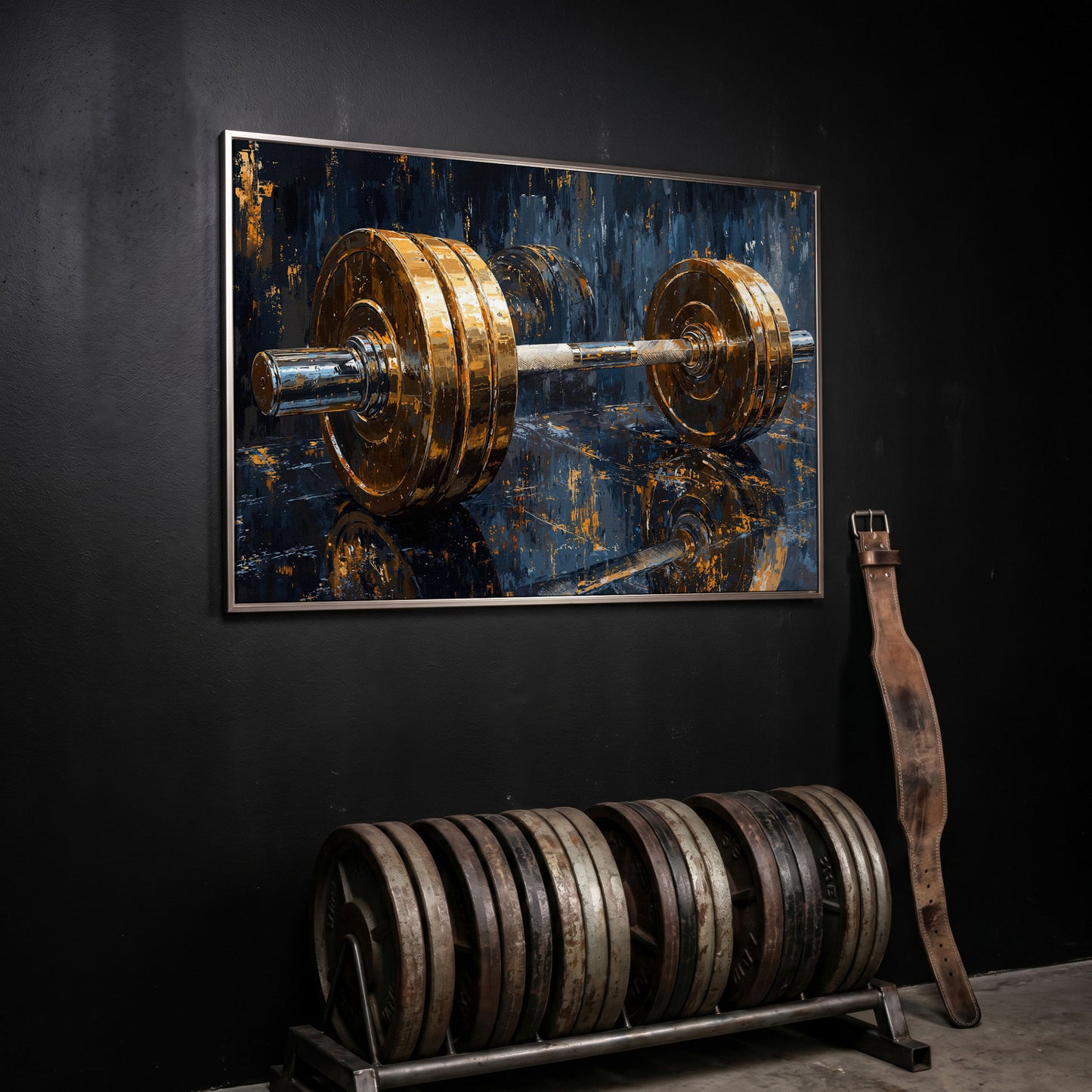 Barbell Abstract Canvas Print | Modern Gym Wall Art in silver floating frame