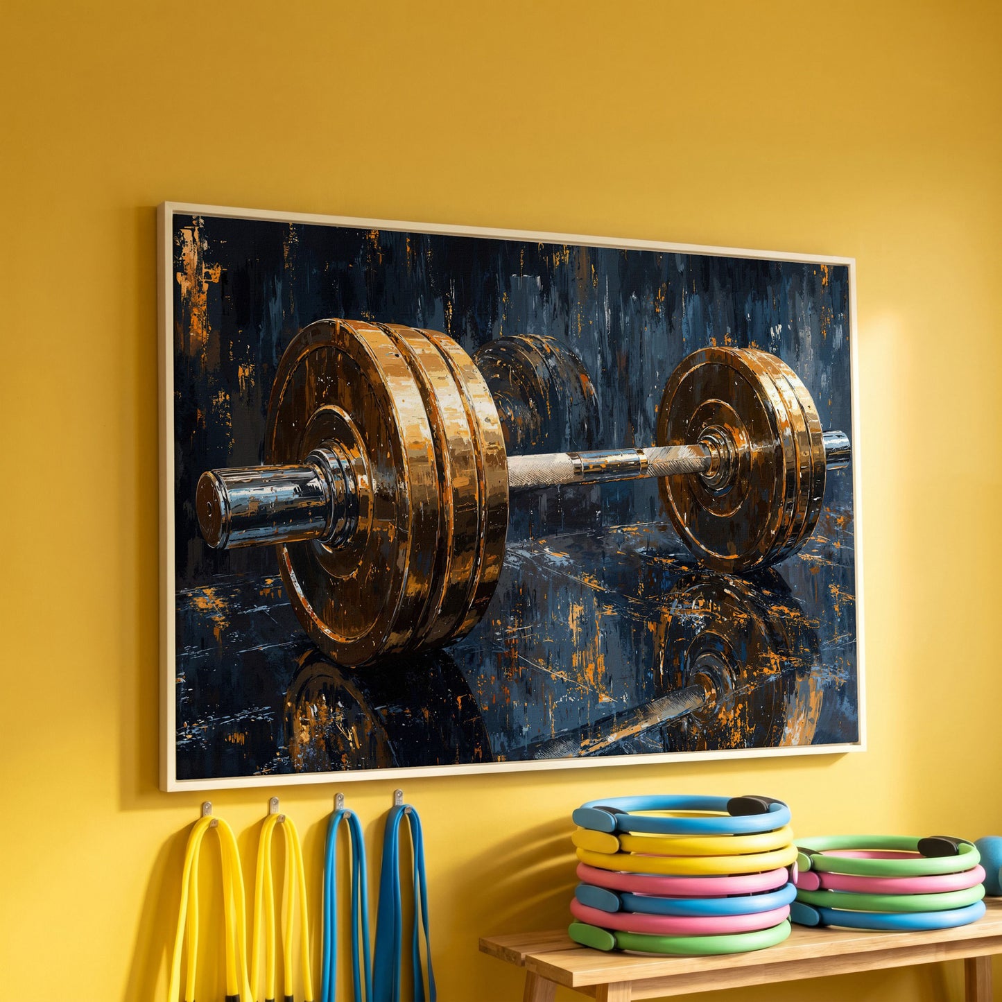 Barbell Abstract Canvas Print | Modern Gym Wall Art in white floating frame