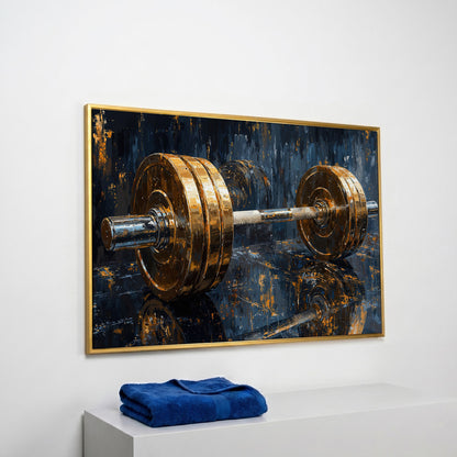 Barbell Abstract Canvas Print | Modern Gym Wall Art in yellow gold floating frame