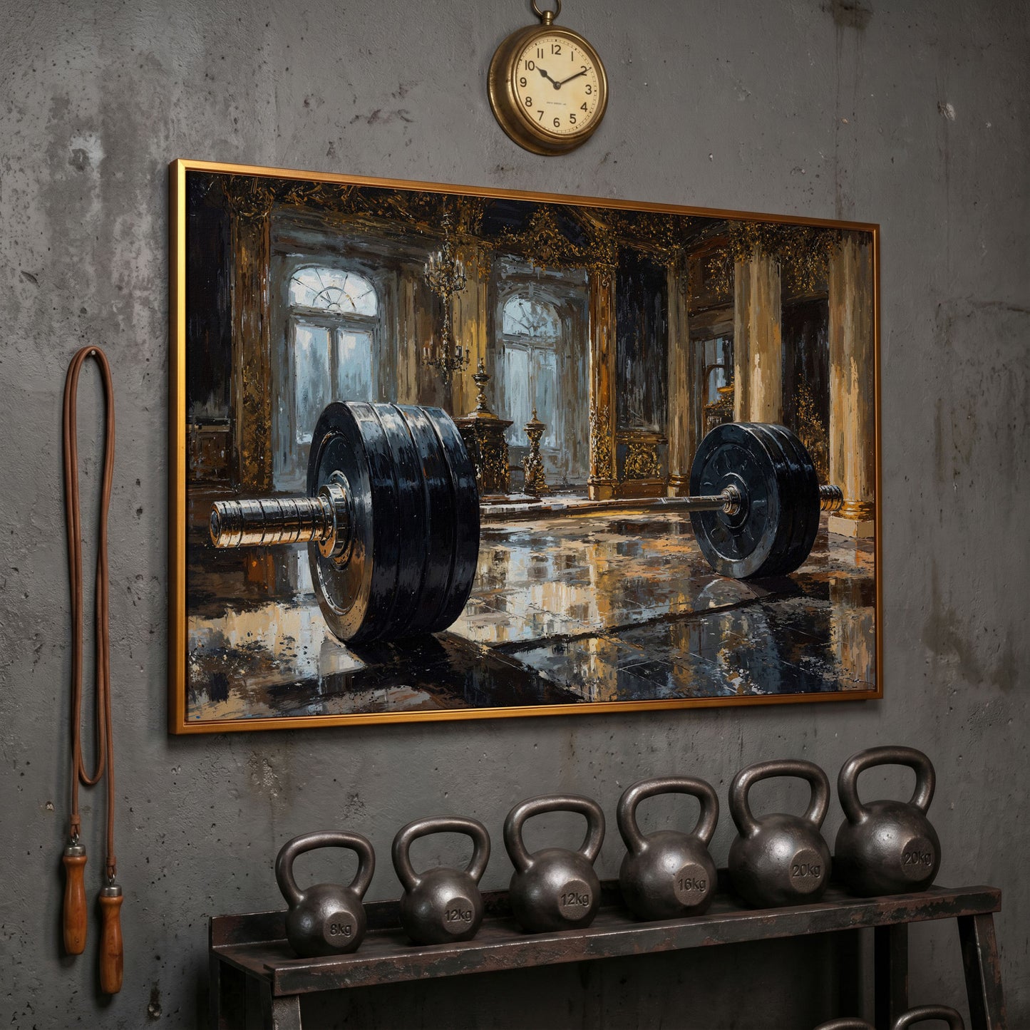 Barbell in Gilt Hall Canvas in antique gold floating frame