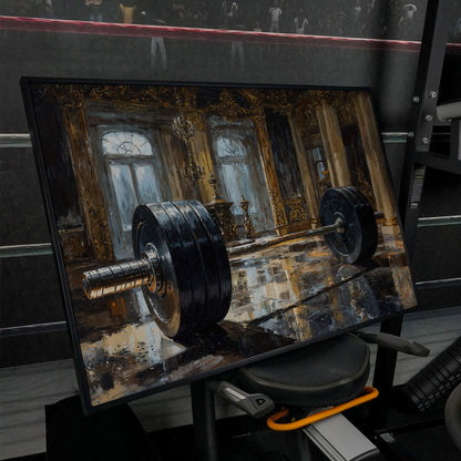 Barbell in Gilt Hall Canvas in black floating frame