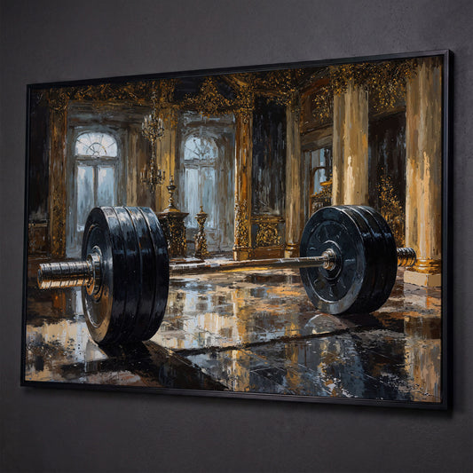Barbell in Gilt Hall Canvas shown in black floating frame