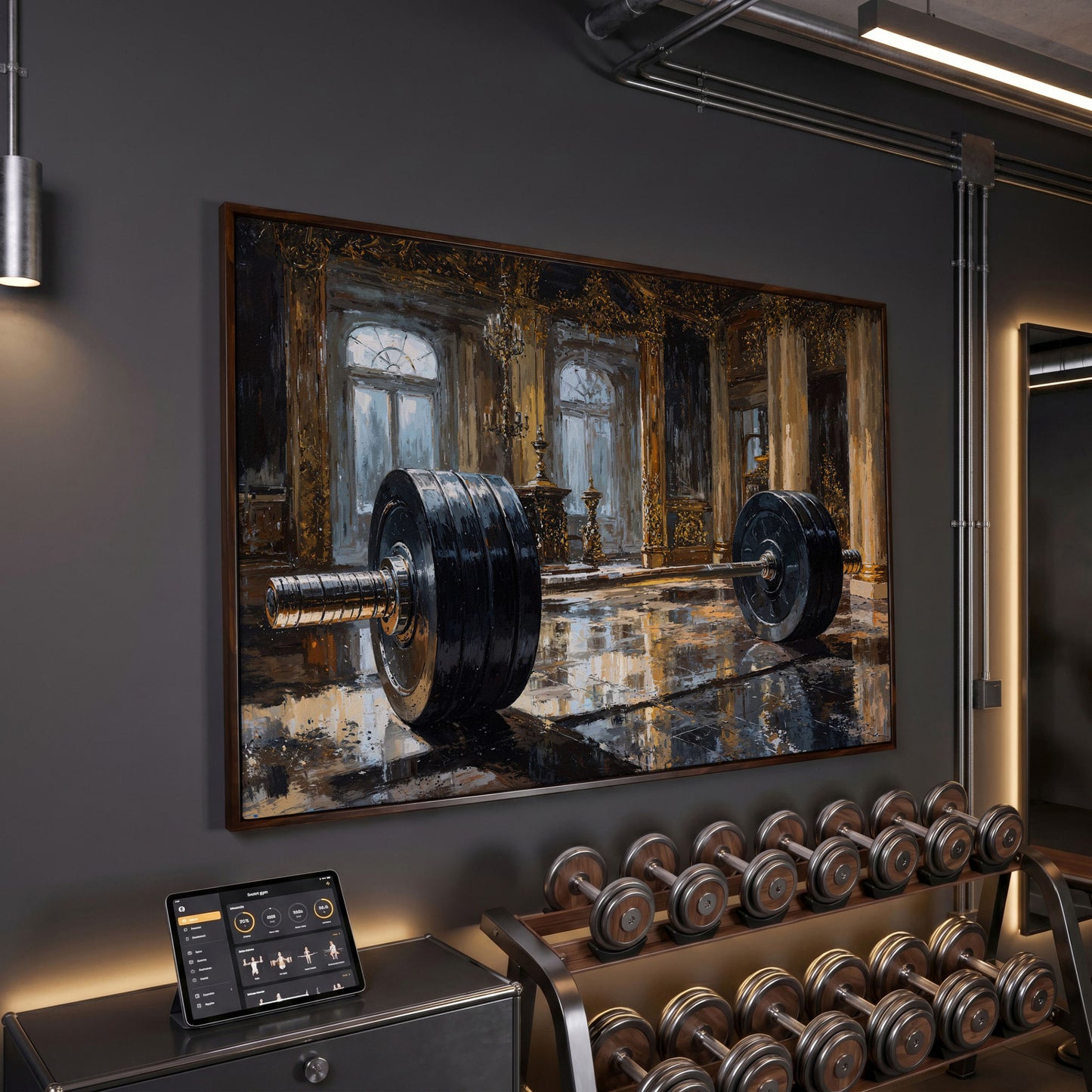 Barbell in Gilt Hall Canvas in dark walnut floating frame