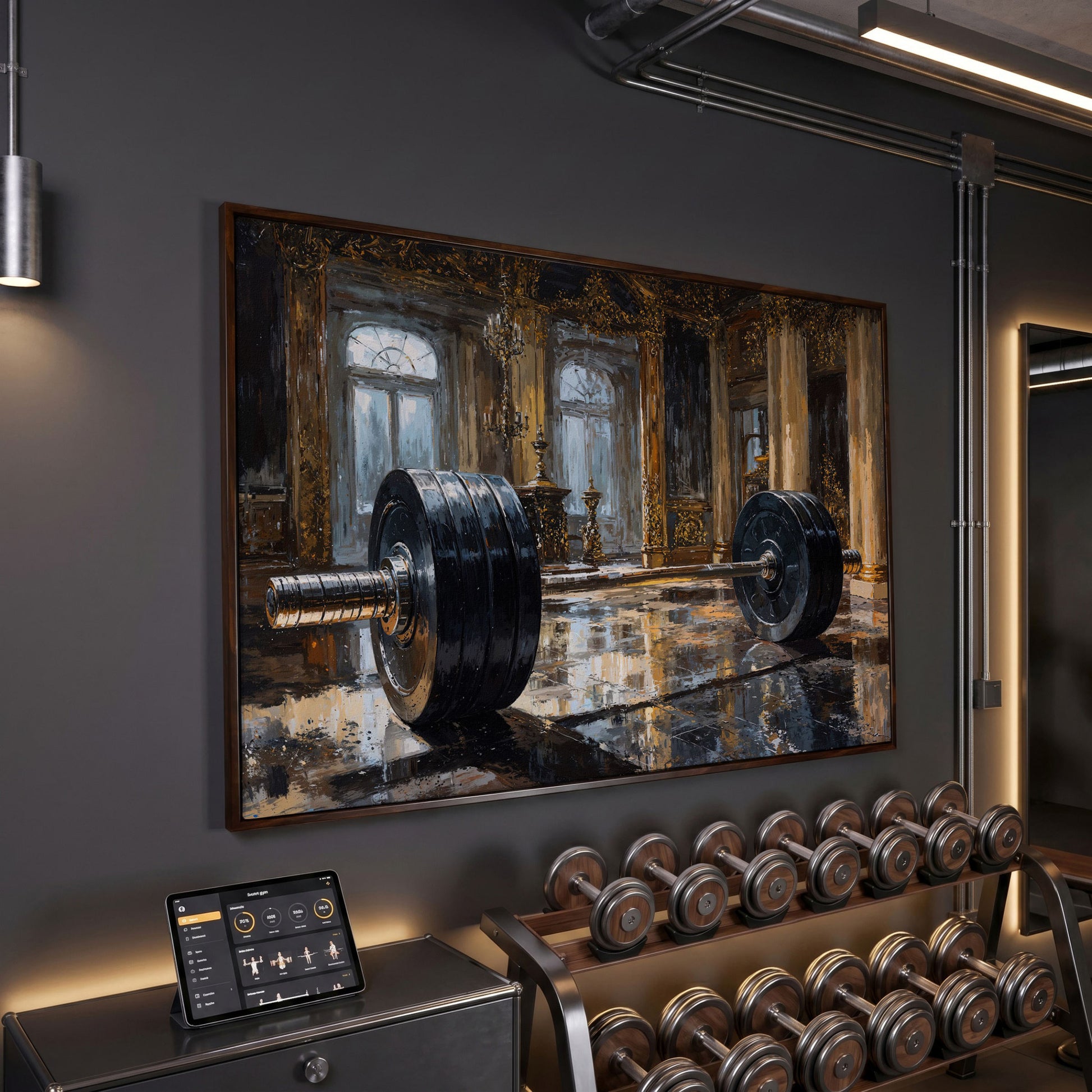 Barbell in Gilt Hall Canvas in dark walnut floating frame