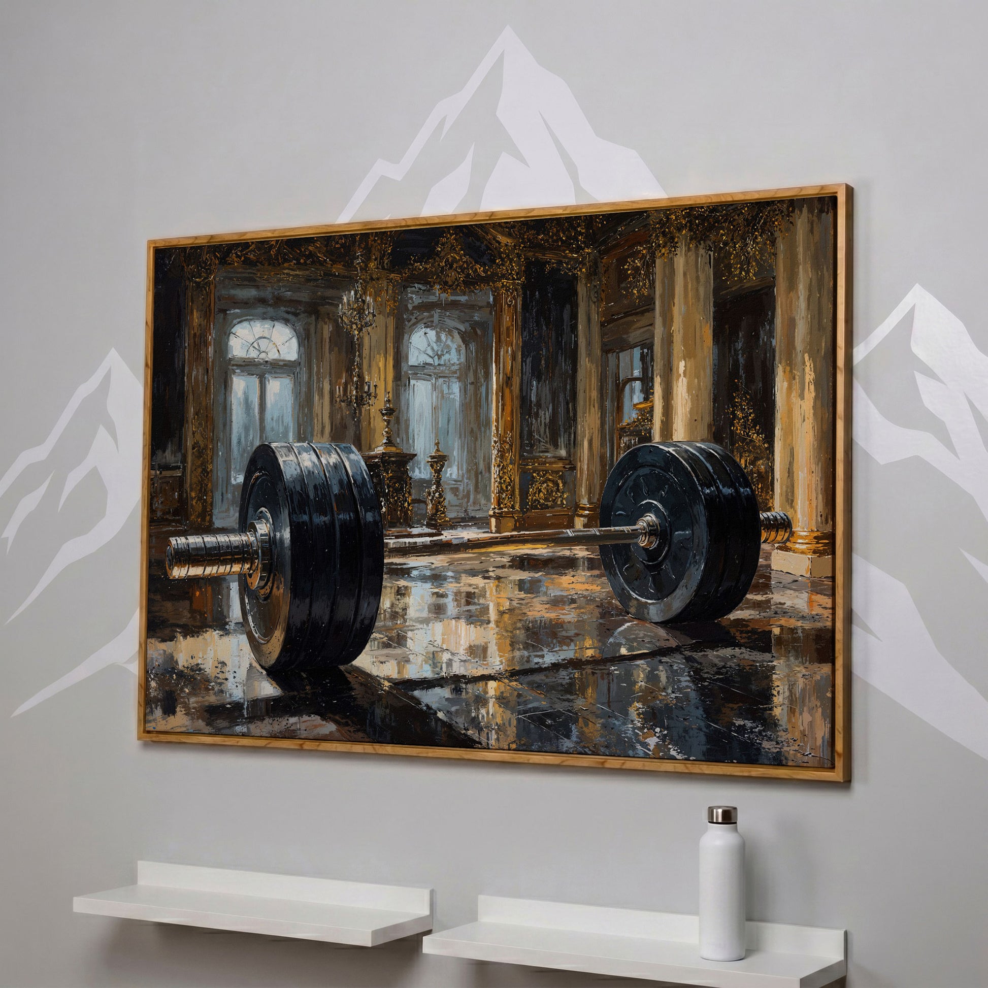 Barbell in Gilt Hall Canvas in white oak floating frame