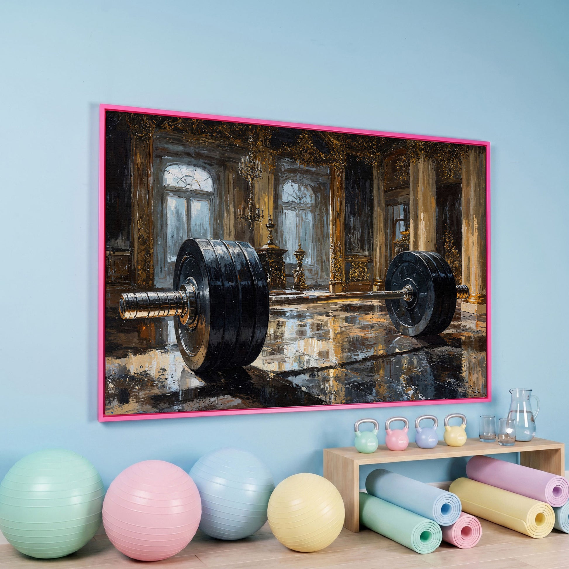 Barbell in Gilt Hall Canvas in pink floating frame