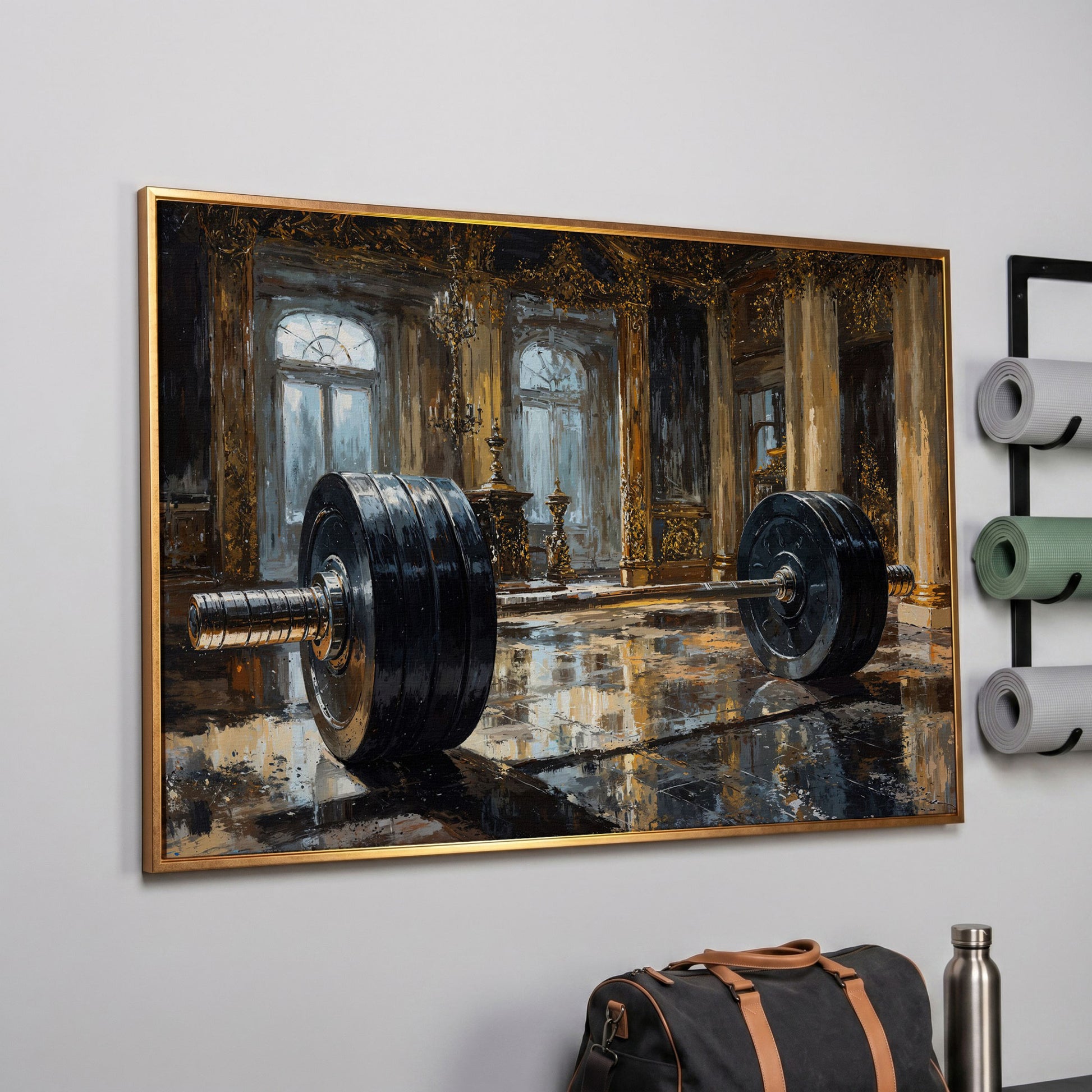 Barbell in Gilt Hall Canvas in rose gold floating frame