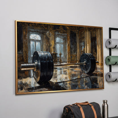 Barbell in Gilt Hall Canvas in rose gold floating frame