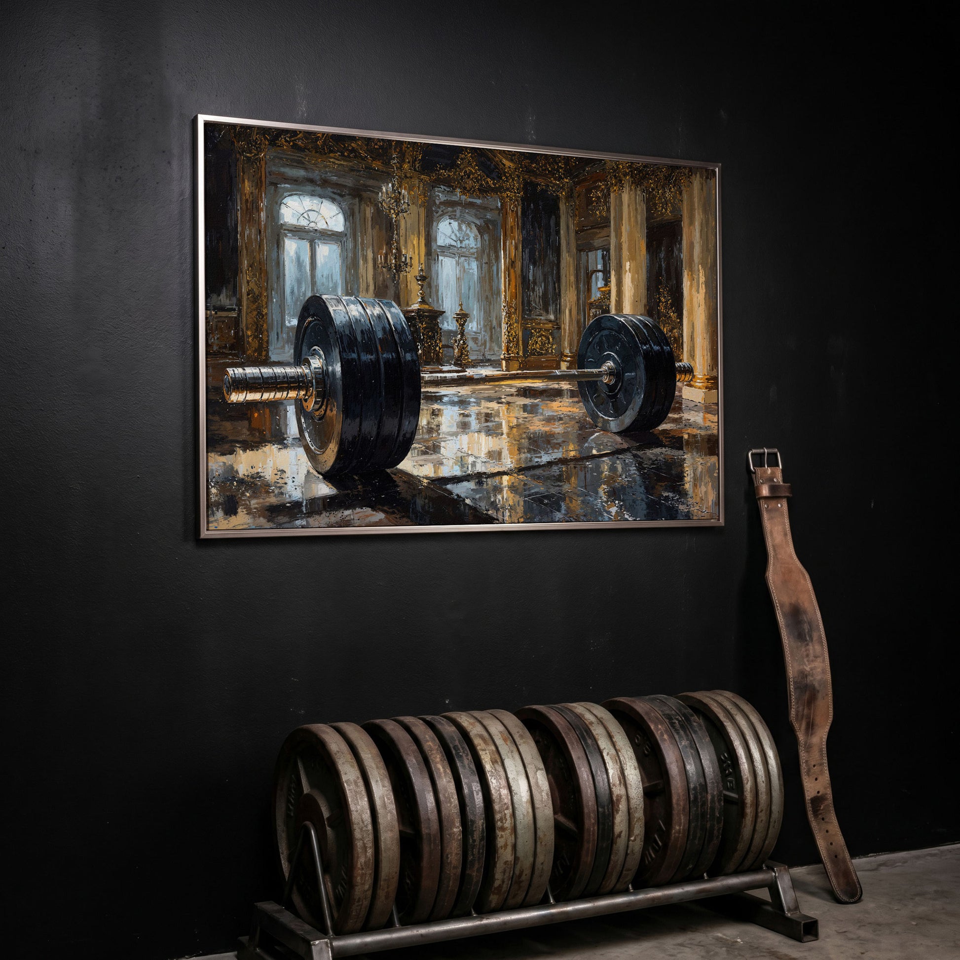 Barbell in Gilt Hall Canvas in silver floating frame