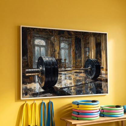 Barbell in Gilt Hall Canvas in white floating frame
