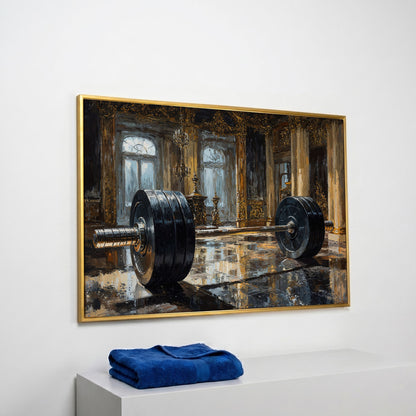Barbell in Gilt Hall Canvas in yellow gold floating frame