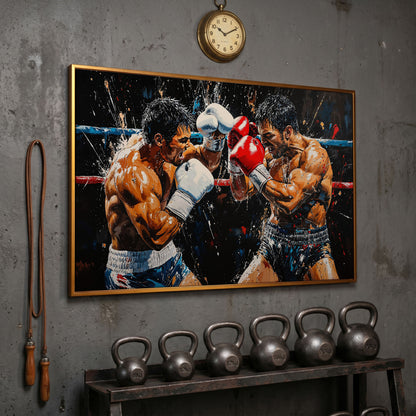 Intense Boxers Fight Canvas Print in antique gold floating frame