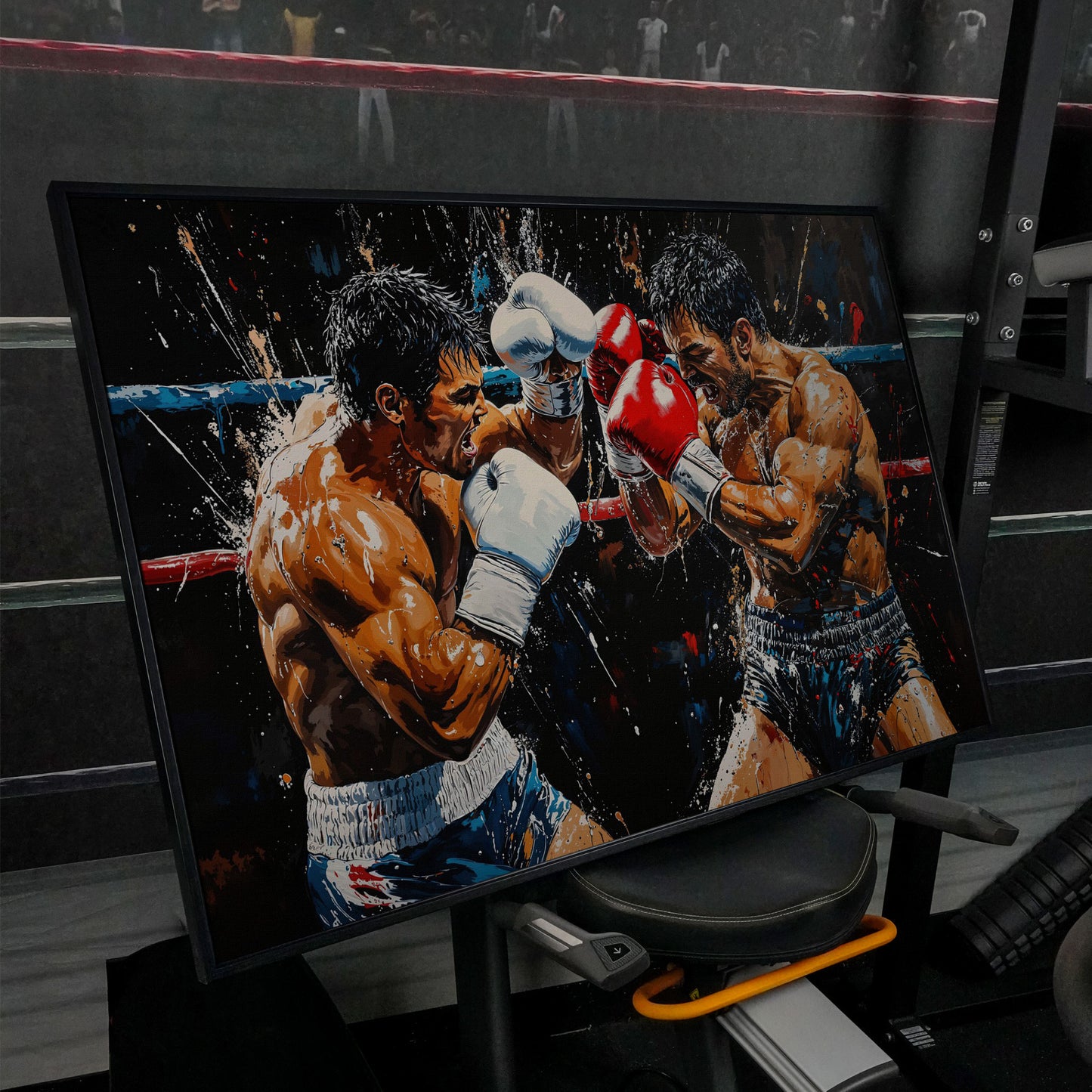 Intense Boxers Fight Canvas Print in black floating frame