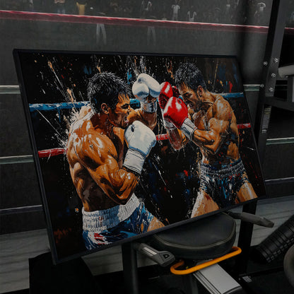 Intense Boxers Fight Canvas Print in black floating frame