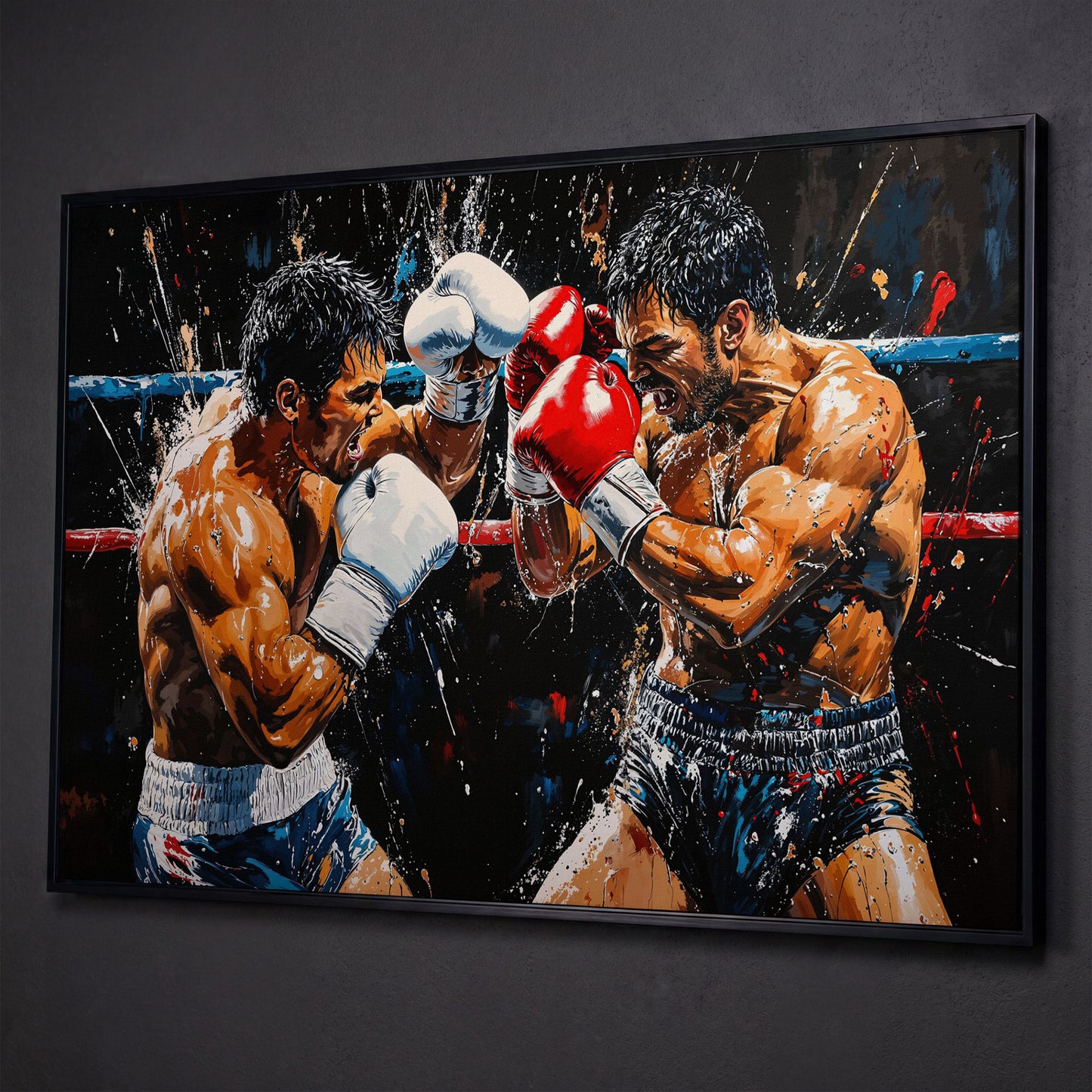Intense Boxers Fight Canvas Print shown in black floating frame