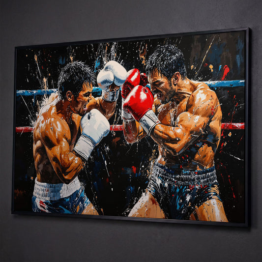 Intense Boxers Fight Canvas Print shown in black floating frame