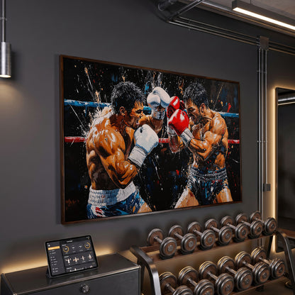 Intense Boxers Fight Canvas Print in dark walnut floating frame