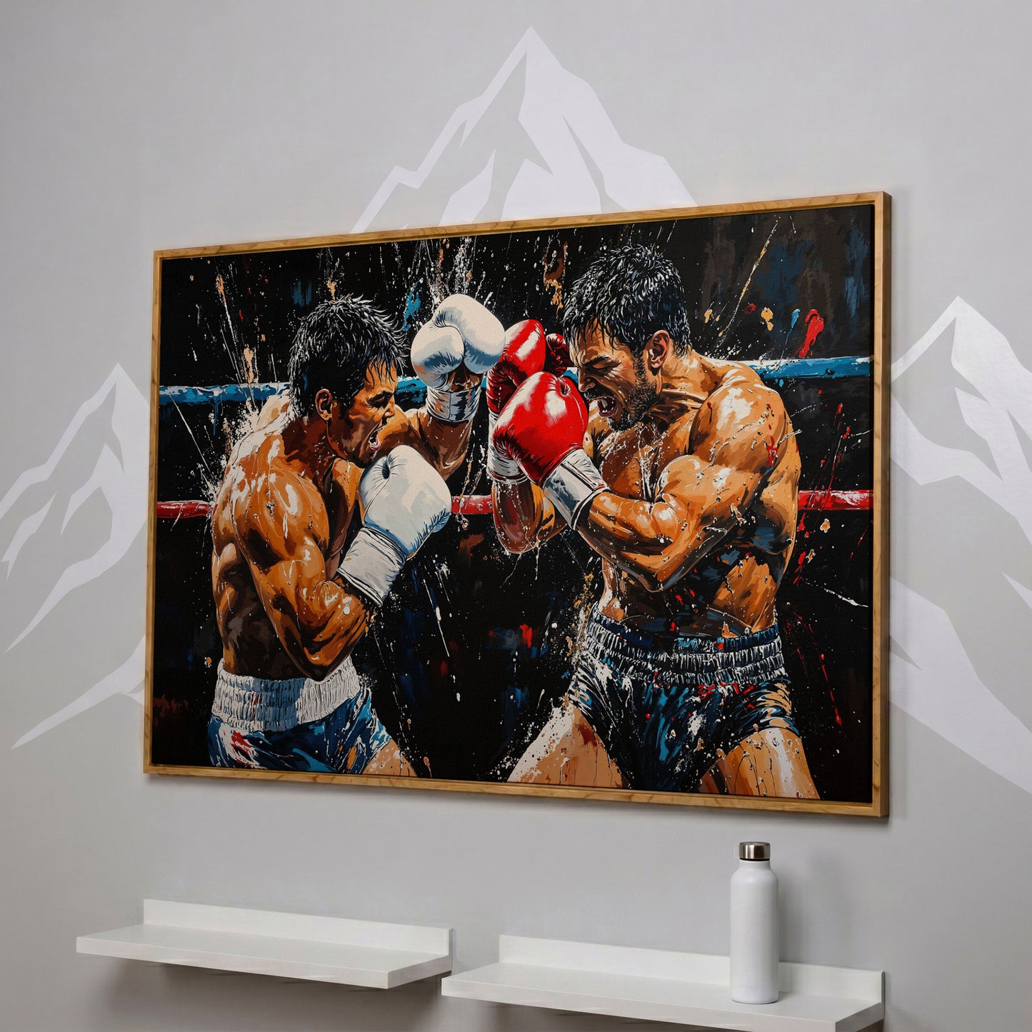 Intense Boxers Fight Canvas Print in white oak floating frame