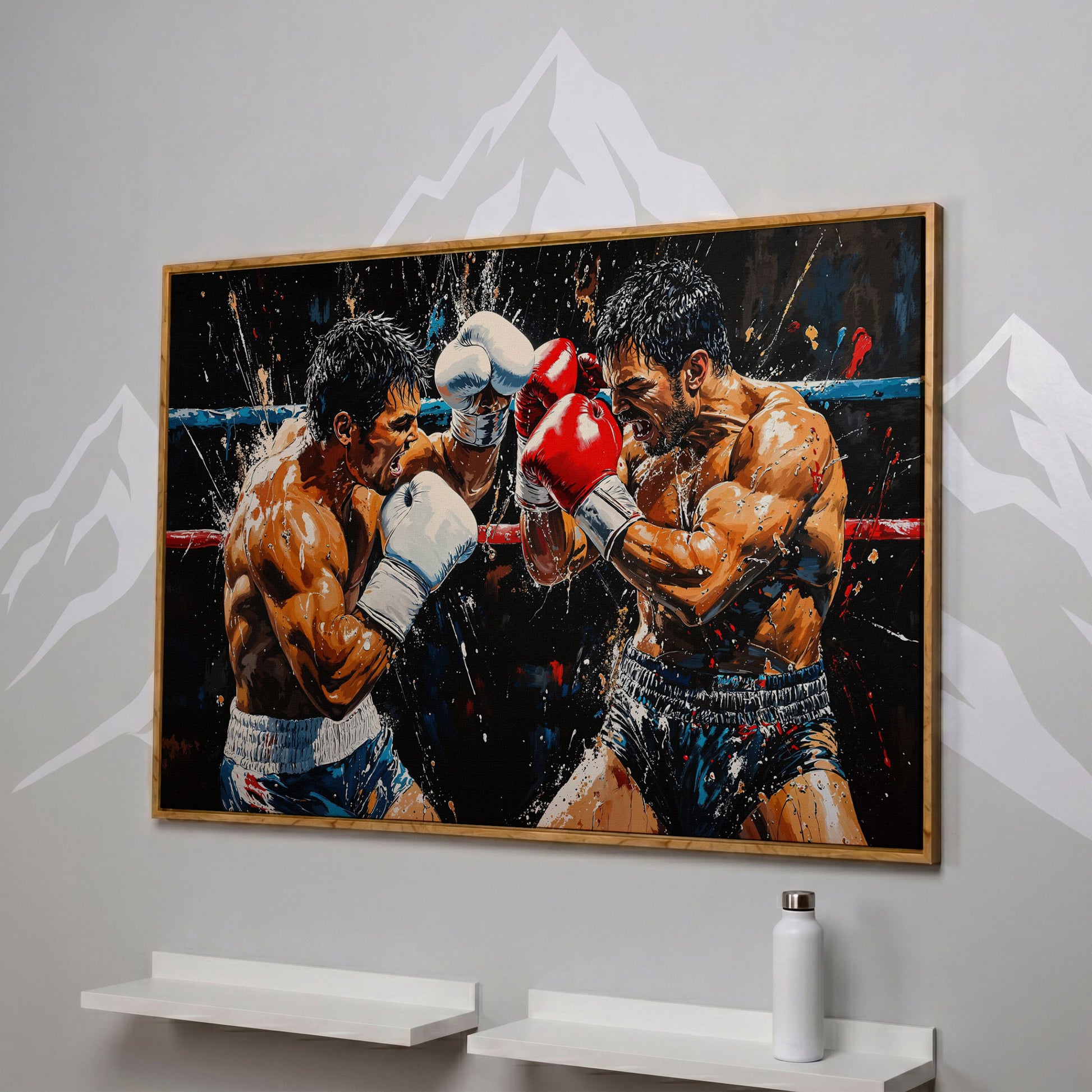 Intense Boxers Fight Canvas Print in white oak floating frame
