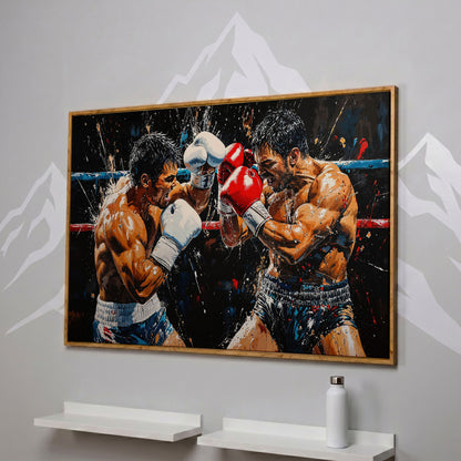 Intense Boxers Fight Canvas Print in white oak floating frame