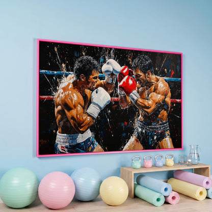Intense Boxers Fight Canvas Print in pink floating frame