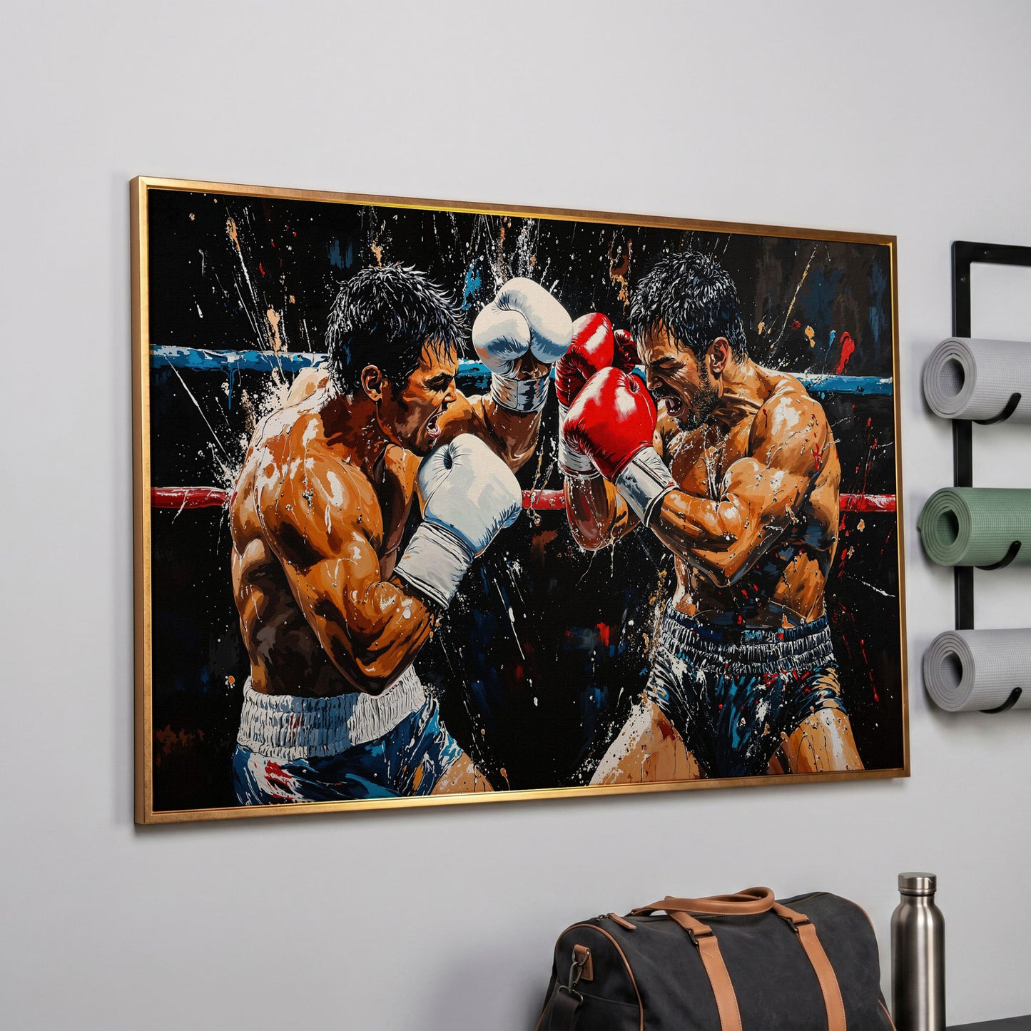Intense Boxers Fight Canvas Print in rose gold floating frame