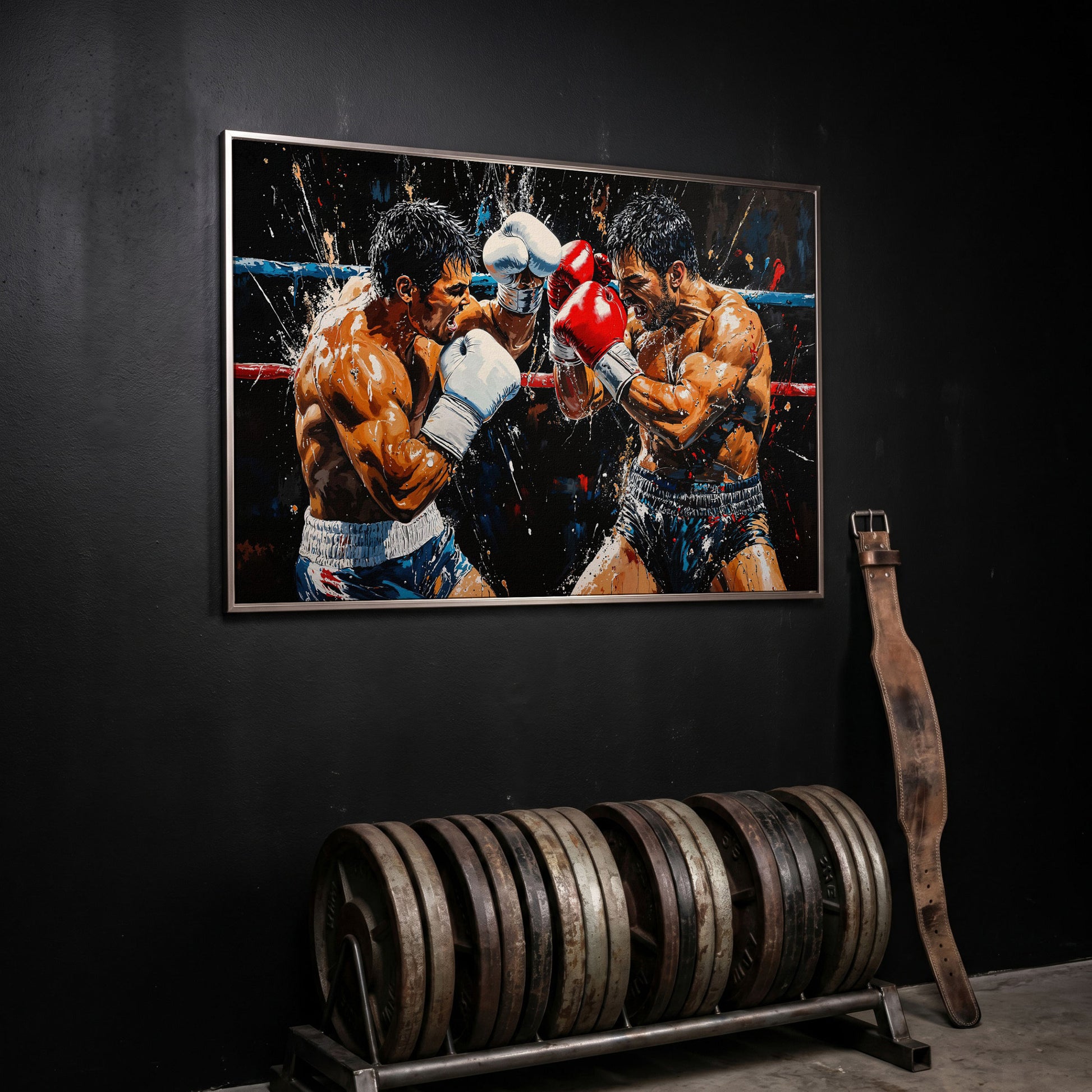 Intense Boxers Fight Canvas Print in silver floating frame
