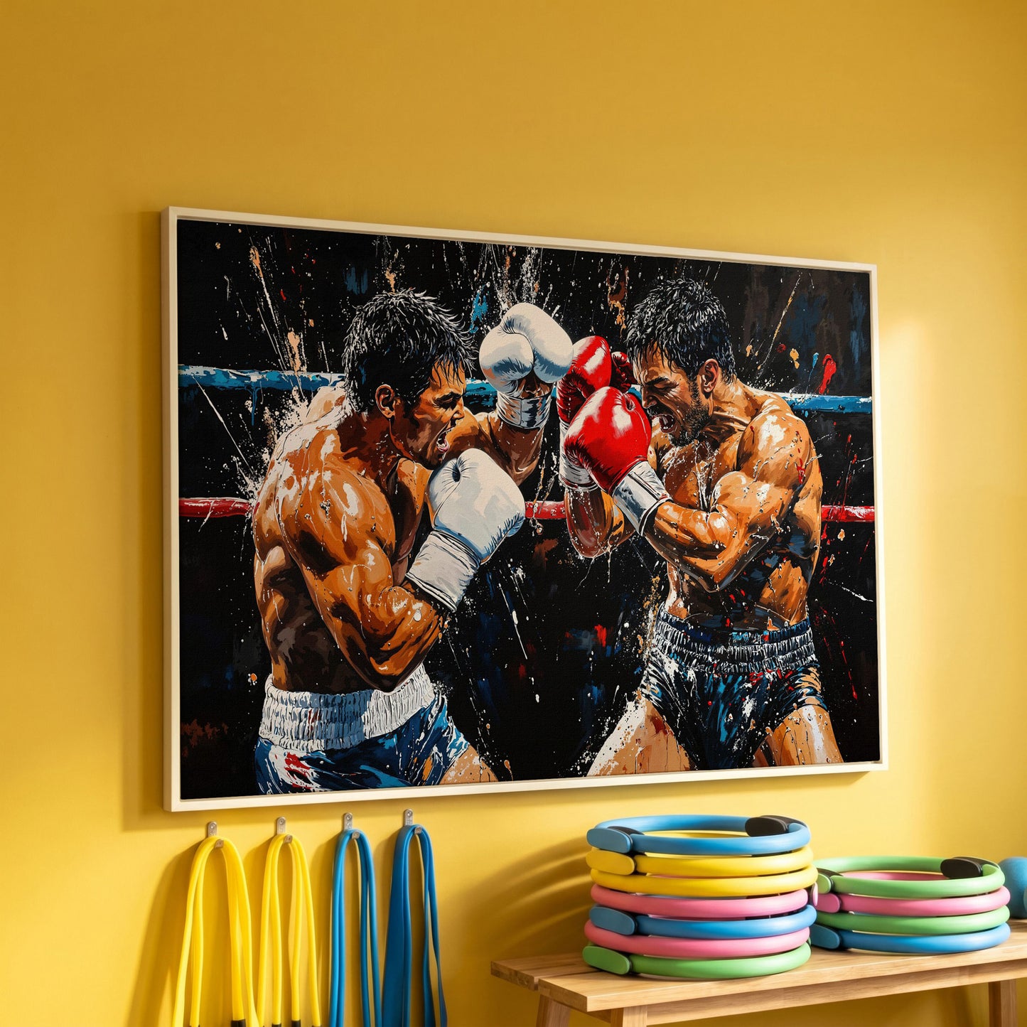 Intense Boxers Fight Canvas Print in white floating frame
