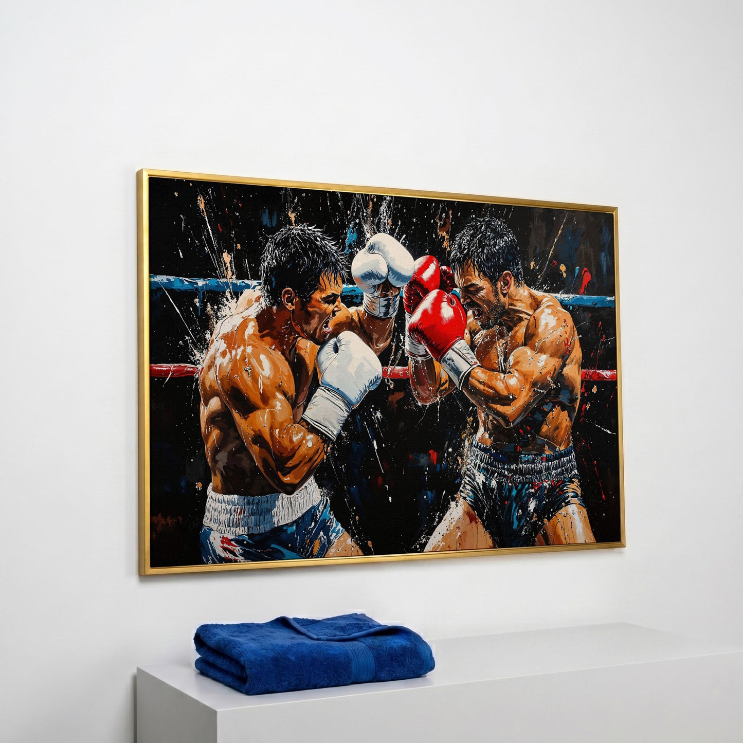 Intense Boxers Fight Canvas Print in yellow gold floating frame