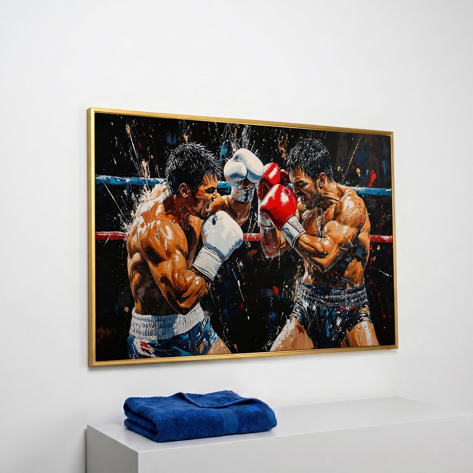 Intense Boxers Fight Canvas Print in yellow gold floating frame