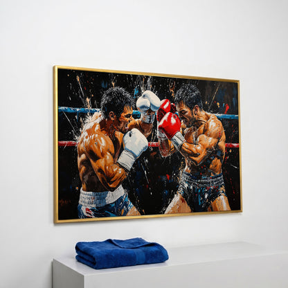 Intense Boxers Fight Canvas Print in yellow gold floating frame
