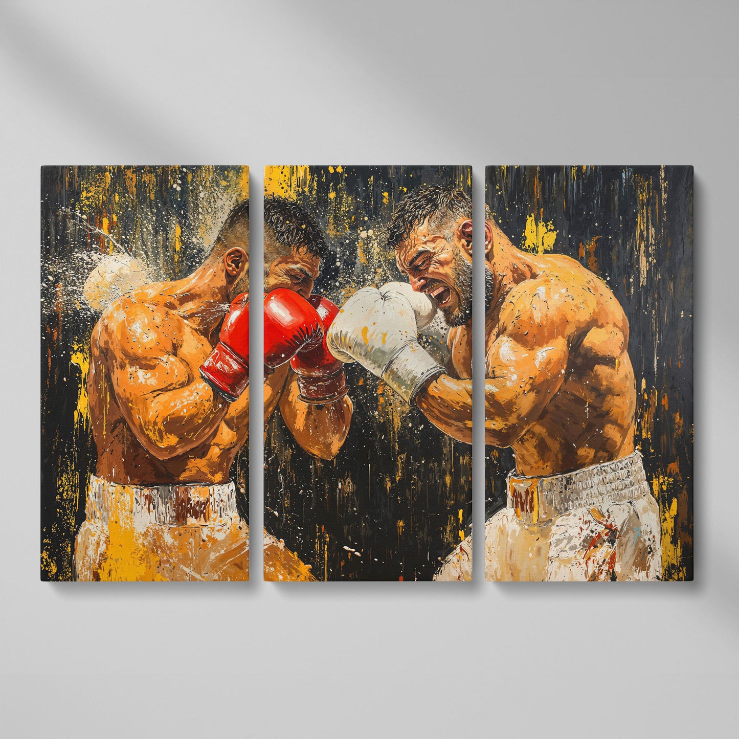 Abstract Boxing Canvas Print, Yellow & Crimson on Black as 3-panel split version