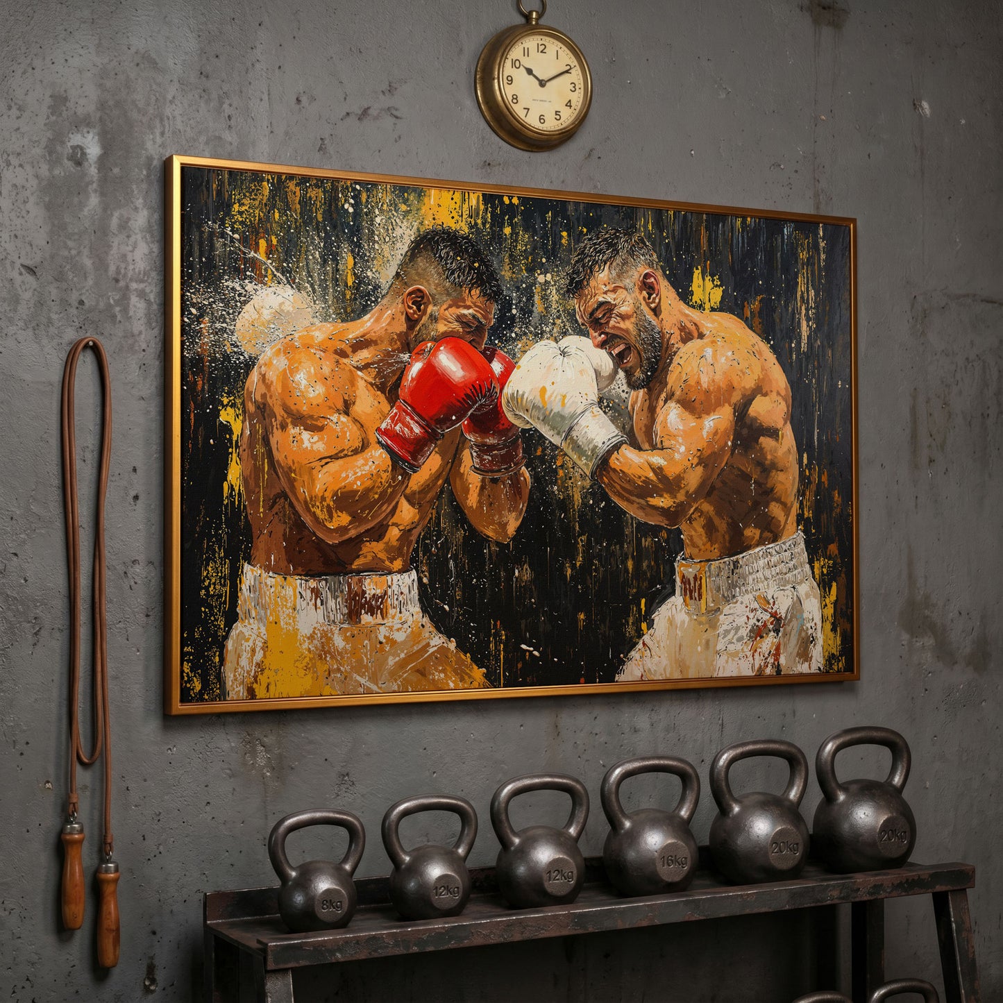 Abstract Boxing Canvas Print, Yellow & Crimson on Black in antique gold floating frame