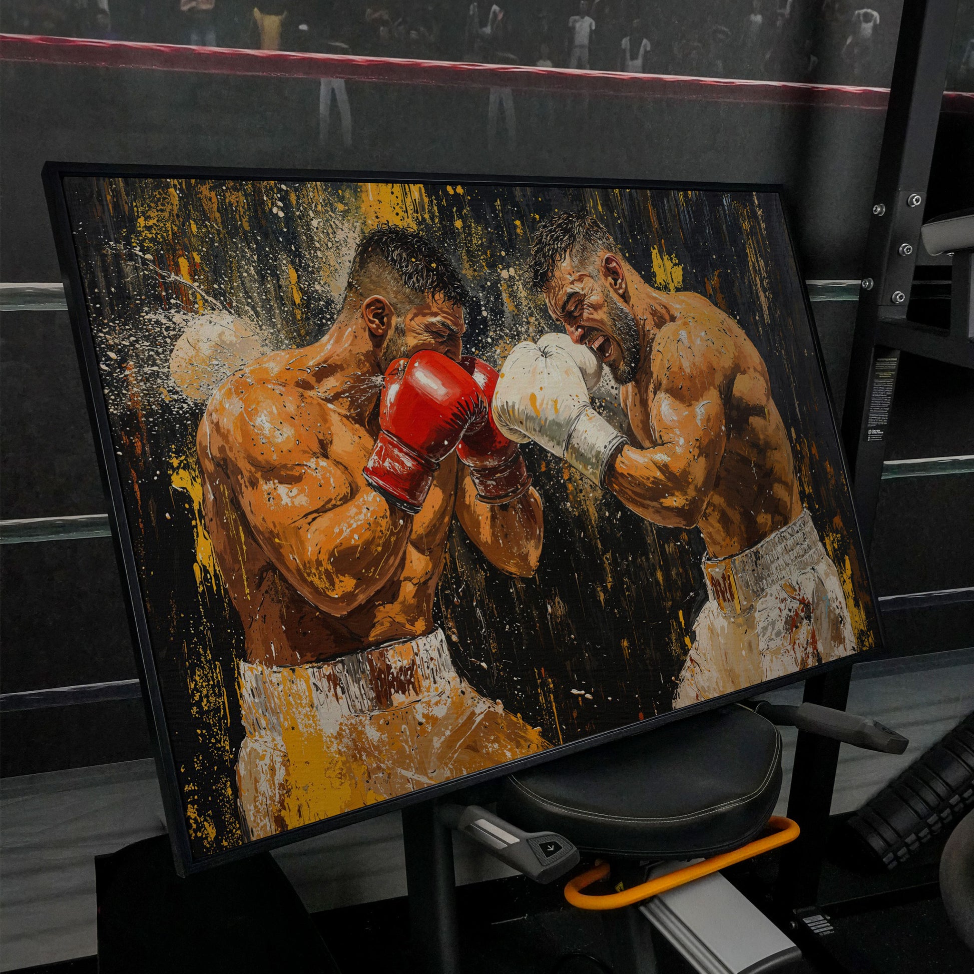 Abstract Boxing Canvas Print, Yellow & Crimson on Black in black floating frame