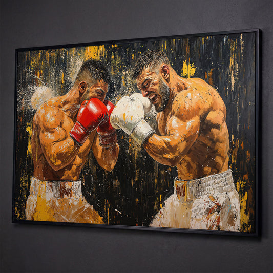 Abstract Boxing Canvas Print, Yellow & Crimson on Black shown in black floating frame