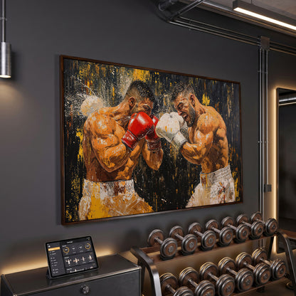 Abstract Boxing Canvas Print, Yellow & Crimson on Black in dark walnut floating frame